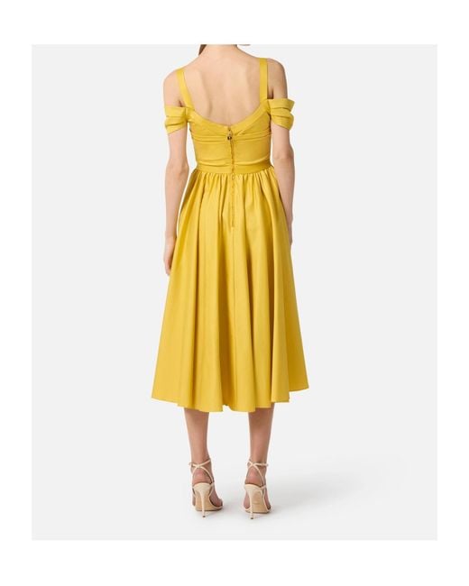 Elisabetta Franchi Yellow Jewel-Chain Off-Shoulder Midi Dress