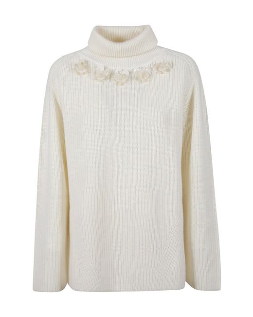 P.A.R.O.S.H. White P.A.R.O..H. Flower Embellished Turtleneck Jumper