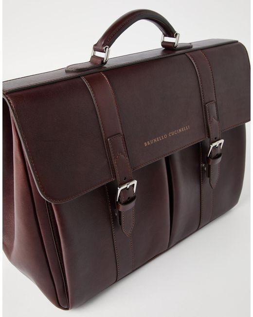 Brunello Cucinelli Brown Double-Buckle Leather Briefcase for men