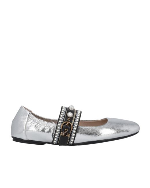 Pinko White Pearl-Embellished Buckle Ballet Flats