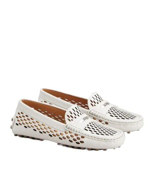 Tod's White Logo Engraved Perforated Loafers