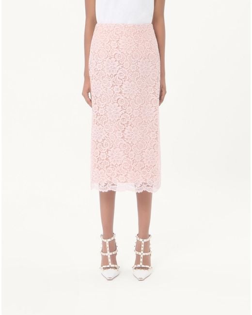 Valentino Pink Floral Lace Midi Skirt