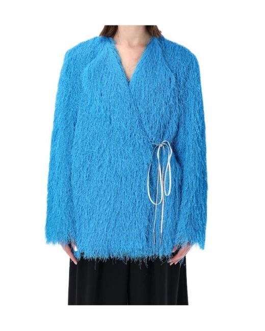Dries Van Noten Blue Rivla Fringed Coat