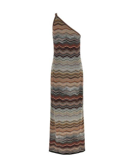 Missoni Natural Chevron Pattern Long One-Shoulder Dress