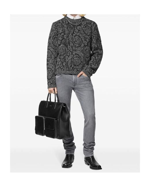 Versace Gray Barocco Jacquard Crewneck Tweed Jumper for men