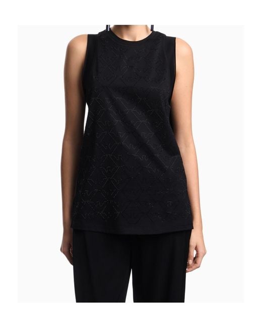 Emporio Armani Black Mercerised Tank Top With Rhinestones