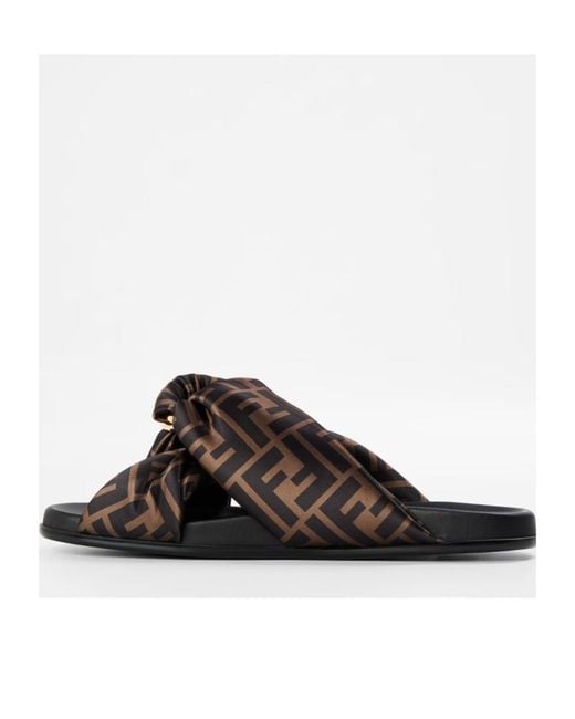 Fendi Brown Logo Satin Slippers
