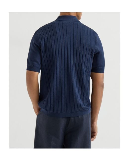 Brunello Cucinelli Blue Short Sleeved Knitted Shirt for men