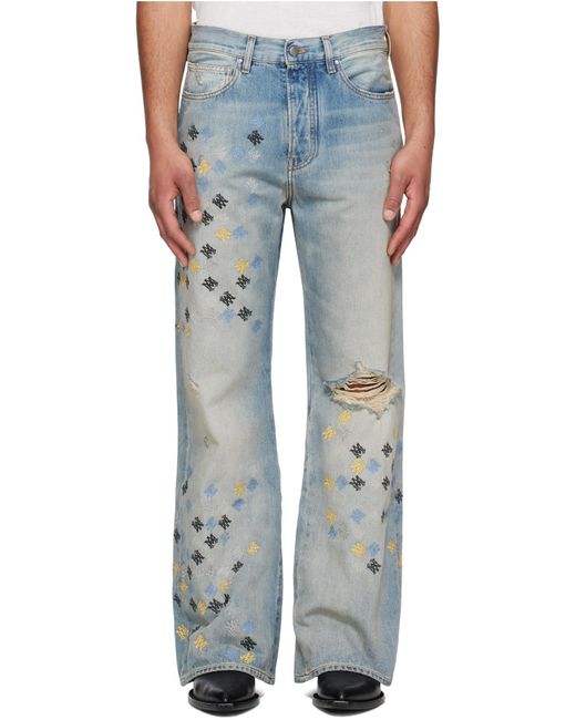 Amiri Blue Ma Quad Embroidered Distressed Flared Jeans for men
