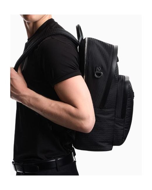 Emporio Armani Black Monogram Logo-Plaque Backpack for men