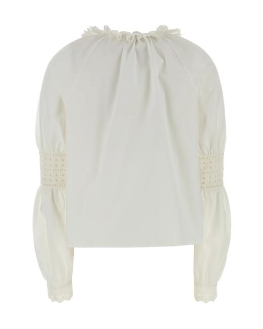 Alberta Ferretti White V-Neck Ruffled Poplin Shirt