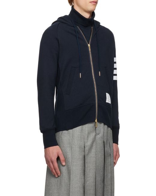 Thom Browne Blue Engineered 4-Bar Zip-Up Drawstring Hoodie for men