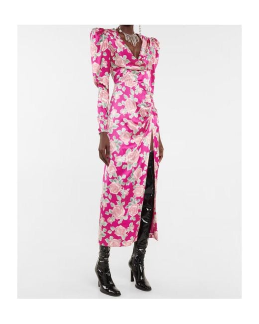 Alessandra Rich Pink Floral Draped Silk Satin Maxi Dress