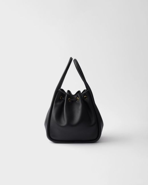 Prada Black Logo Plaque Drawstring Bucket Bag