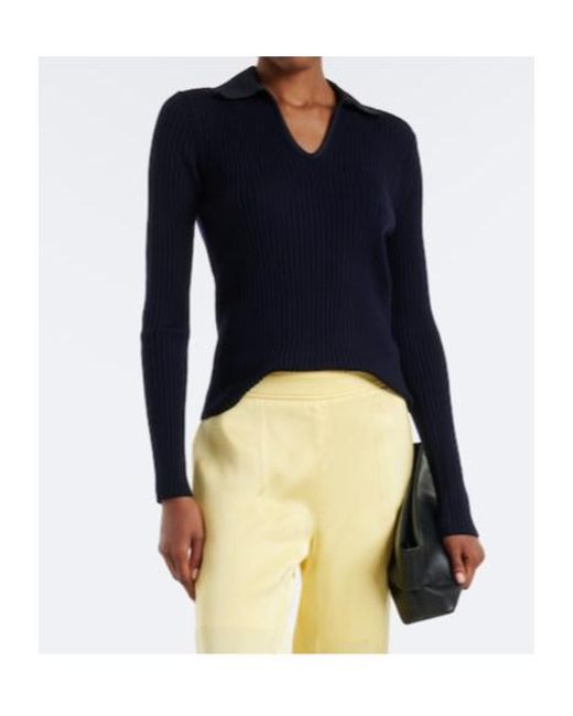 Jil Sander Blue Cutout Ribbed-Knit Wool Polo Sweater