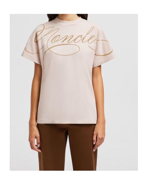 Moncler Pink Embroidered Cursive Logo Crewneck T-Shirt