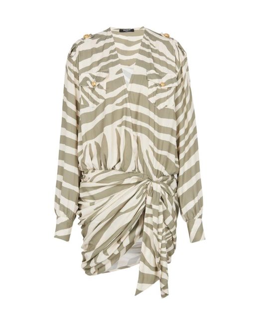 Balmain White Draped Zebra Print Dress