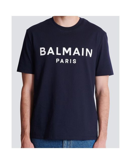 Balmain Blue Logo Printed Crewneck T-Shirt for men