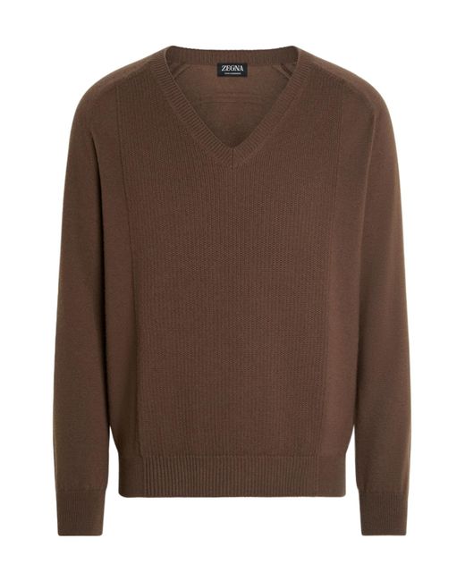 Zegna Brown Oasi Long-Sleeved V-Neck Jumper for men