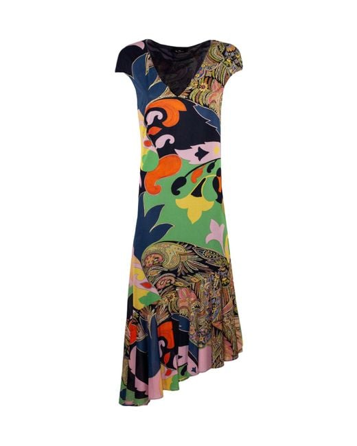 Etro Blue Paisley Print Asymmetric Dress