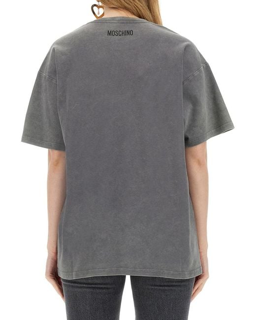 Moschino Gray Slogan-Printed Crewneck T-Shirt