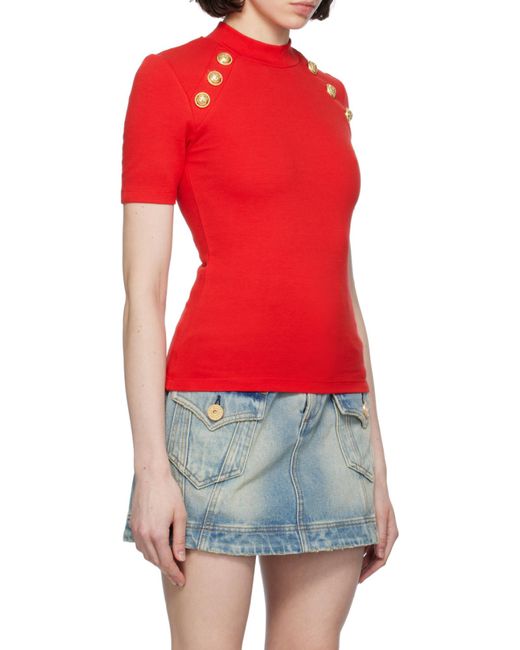 Balmain Red Signature Coin-Buttons T-Shirt