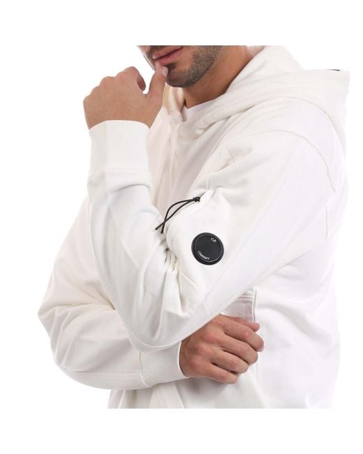 C P Company White Diagonal Raised Fleece Lens Hoodie for men