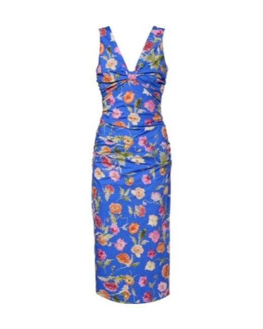 Carolina Herrera Blue Floral Gathered Cotton-Blend Midi Dress