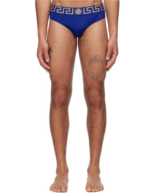 Versace Blue Greca-Pattern Medusa-Head Swim Trunks for men
