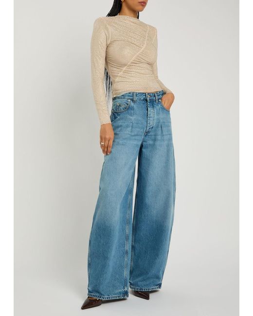 Self-Portrait Natural Crystal-Embellished Mesh Top
