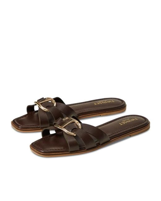 Twinset Brown Logo Buckle Slip-On Sandals
