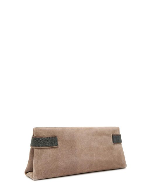 Brunello Cucinelli Gray Bead Embellished Suede Clutch