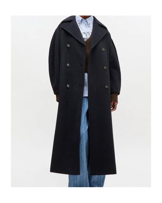 Ganni Blue Double-Breasted Long Coat