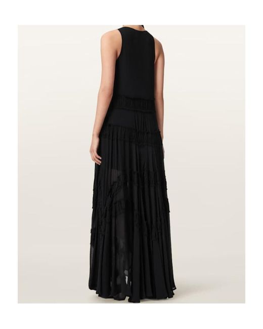AllSaints Black Dorina Ruffled High-Low Maxi Dress