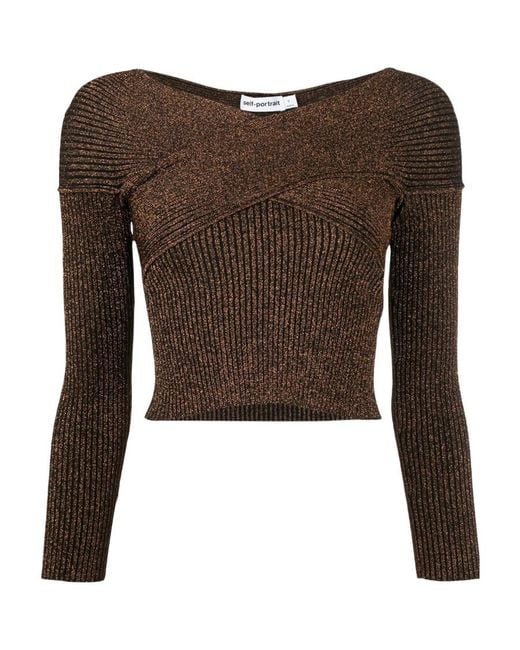 Self-Portrait Brown Off-Shoulder Knitted Long Sleeved Top