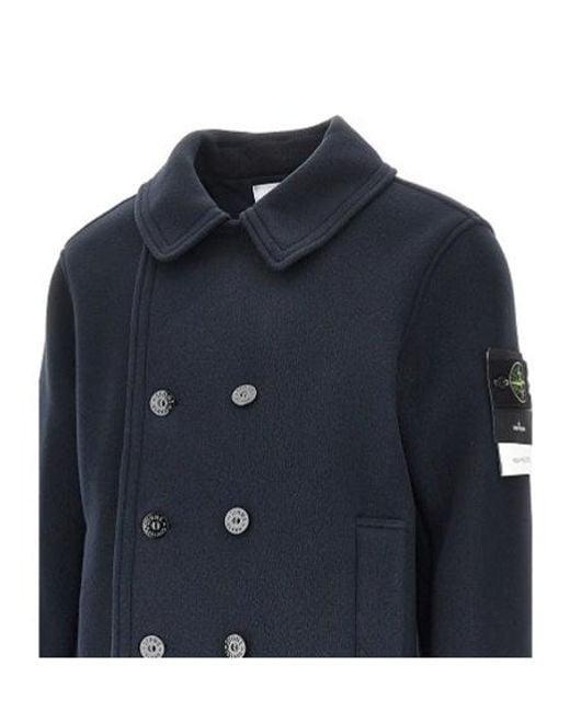Stone Island Blue Double-Breasted Pea Coat for men