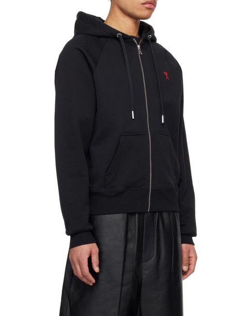 AMI Black Ami De Coeur Logo Embroidered Zip-Up Hoodie for men