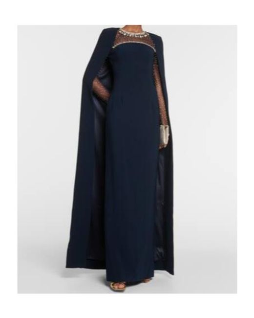 Jenny Packham Blue Embellished Cape Crepe Gown