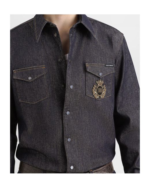 Dolce & Gabbana Blue Heraldic Emblem Denim Shirt for men