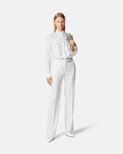 Versace White Barocco-Jacquard Pussy-Bow Blouse
