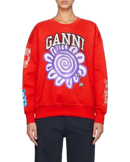 Ganni Red Floral Printed Crewneck Sweatshirt