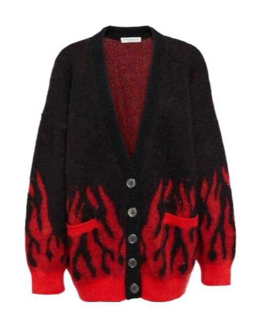 Alessandra Rich Red Embellished Mohair-Blend Jacquard Cardigan