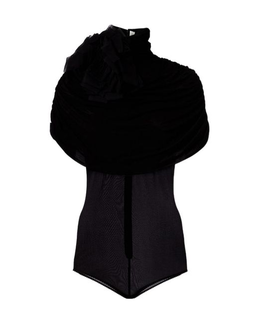 Magda Butrym Black Floral Appliqué Shawl-Style Bodysuit