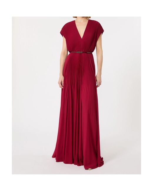 Max Mara Red Belted-Waist Pleated Maxi Dress