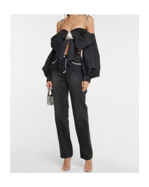 Area Black Embellished Off-Shoulder Taffeta Top