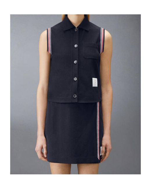 Thom Browne Blue Striped Sleeveless Buttoned Shirt