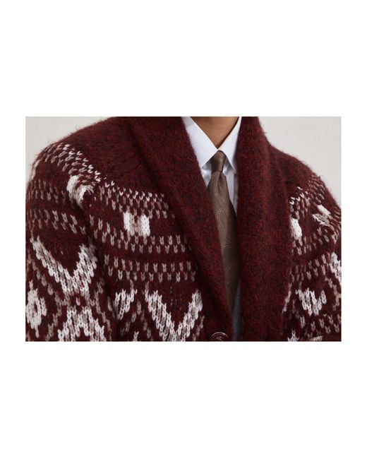 Brunello Cucinelli Red Patterned Shawl-Collar Cardigan for men
