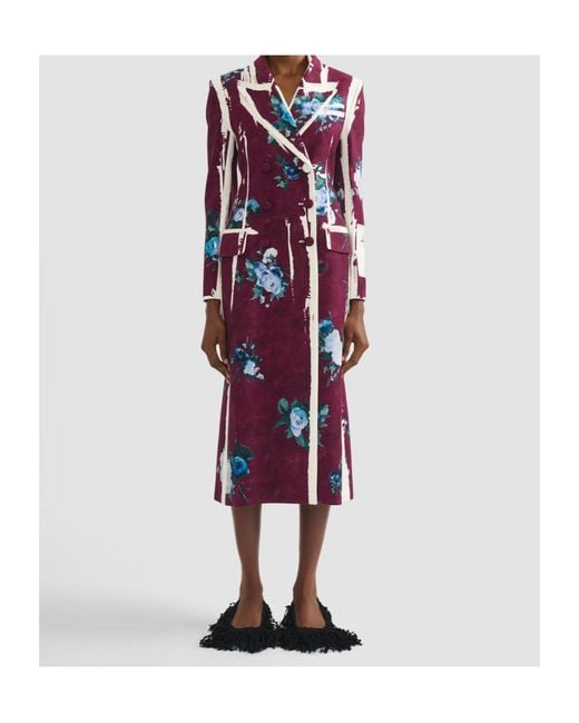 Erdem Red Double-Breasted Floral-Print Satin Coat