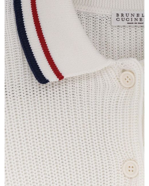 Brunello Cucinelli White Short Sleeve Striped Jumper