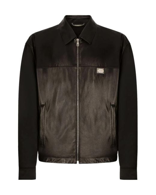 Dolce & Gabbana Black Logo-Plaque Leather Jacket for men